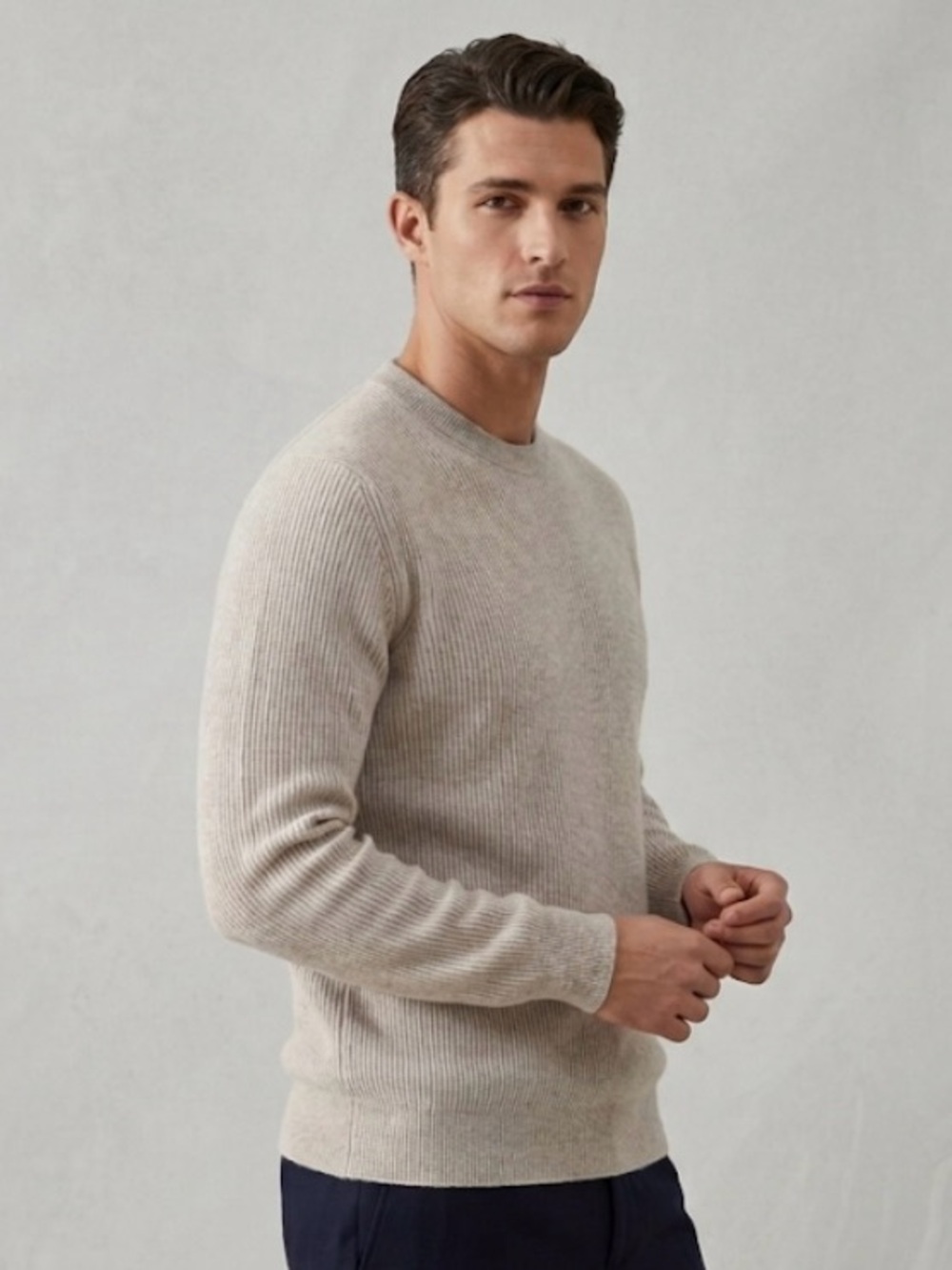 Brunello Cucinelli cashmere Men's Crewneck Ribbed Sweater in Light Beige